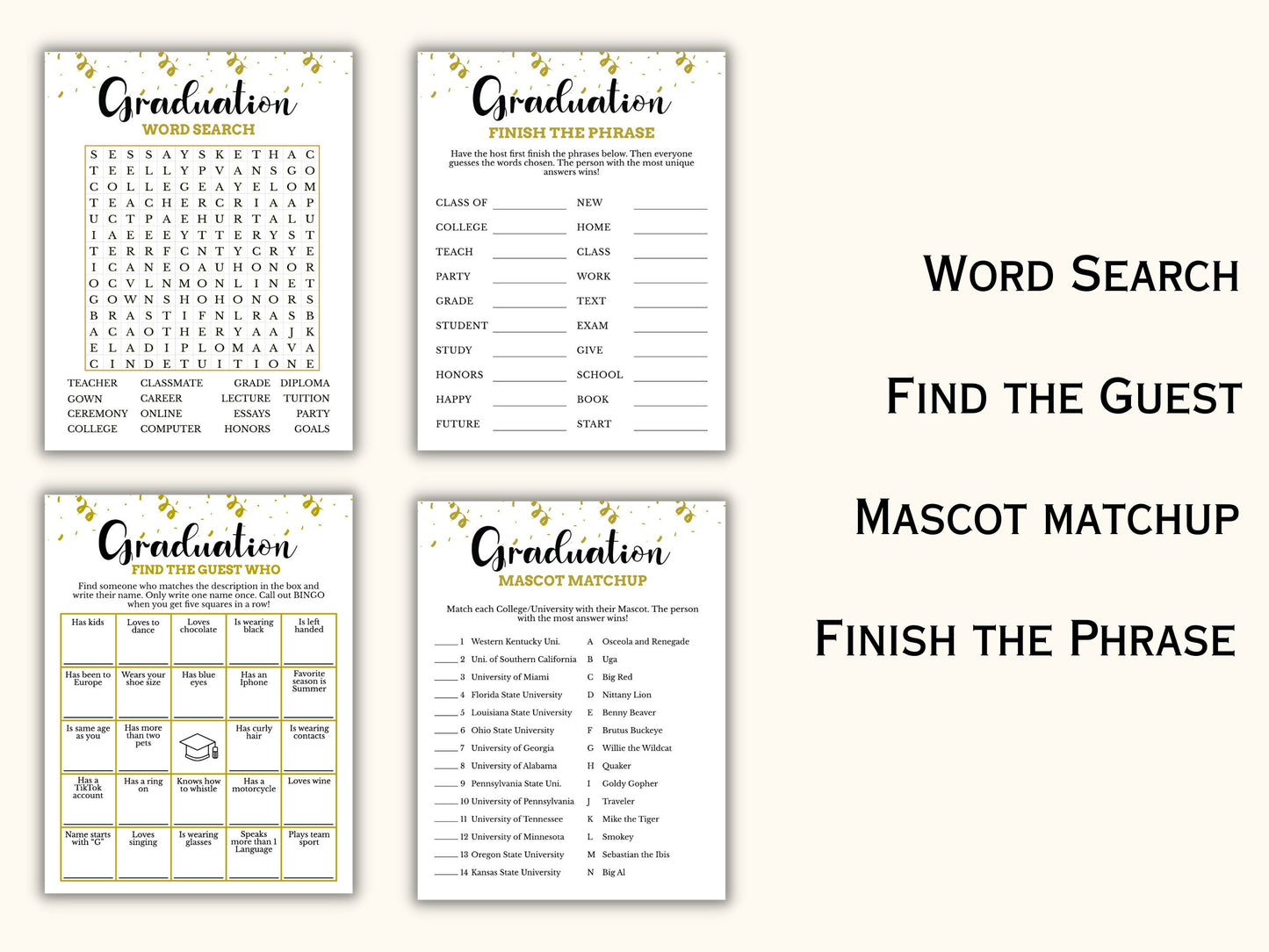 8 Printable Graduation Party Game Bundle