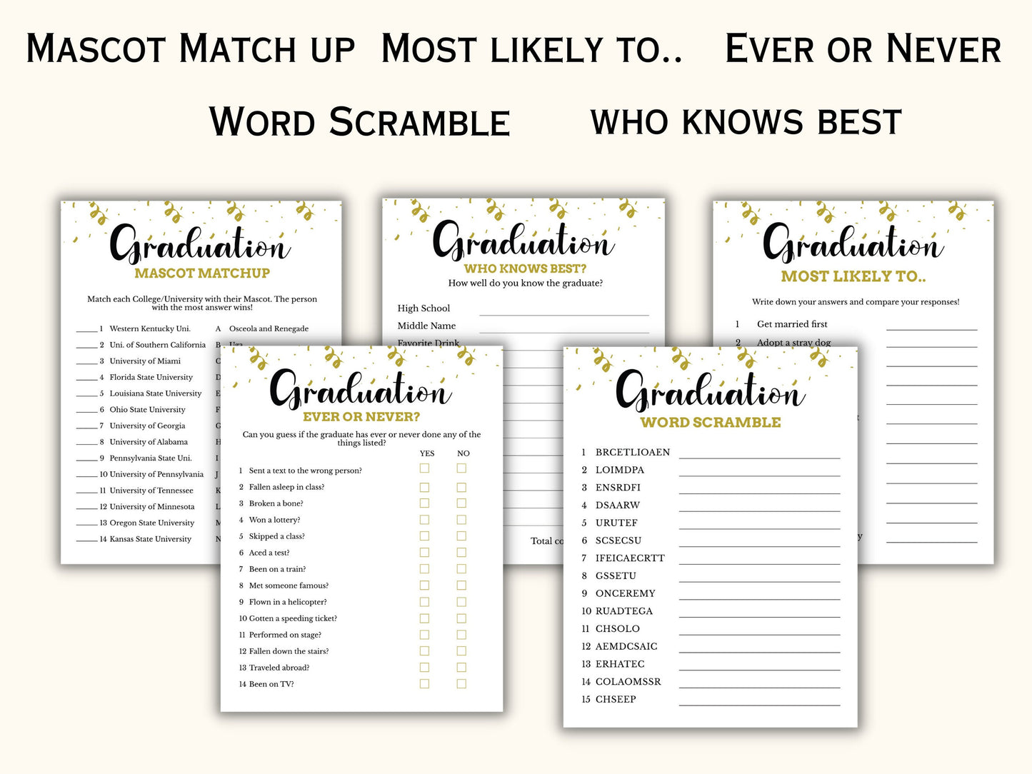 Graduation Party Games Bundle - 14 Printable Games