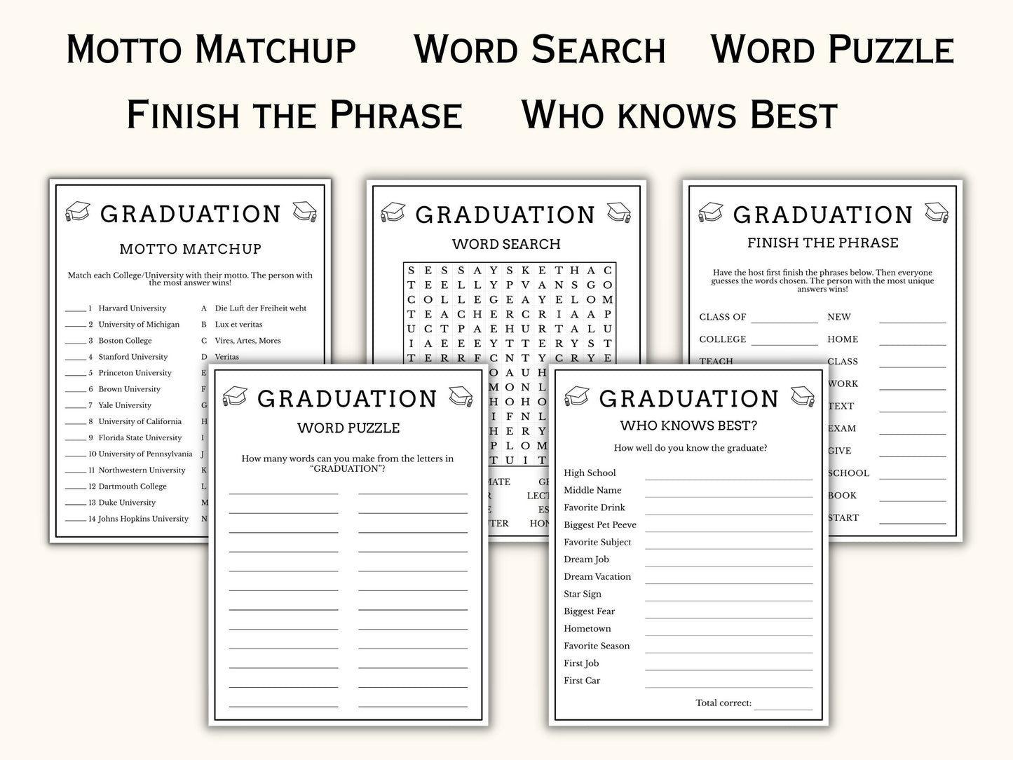 Graduation Party Game Bundle - 20 Printable Games