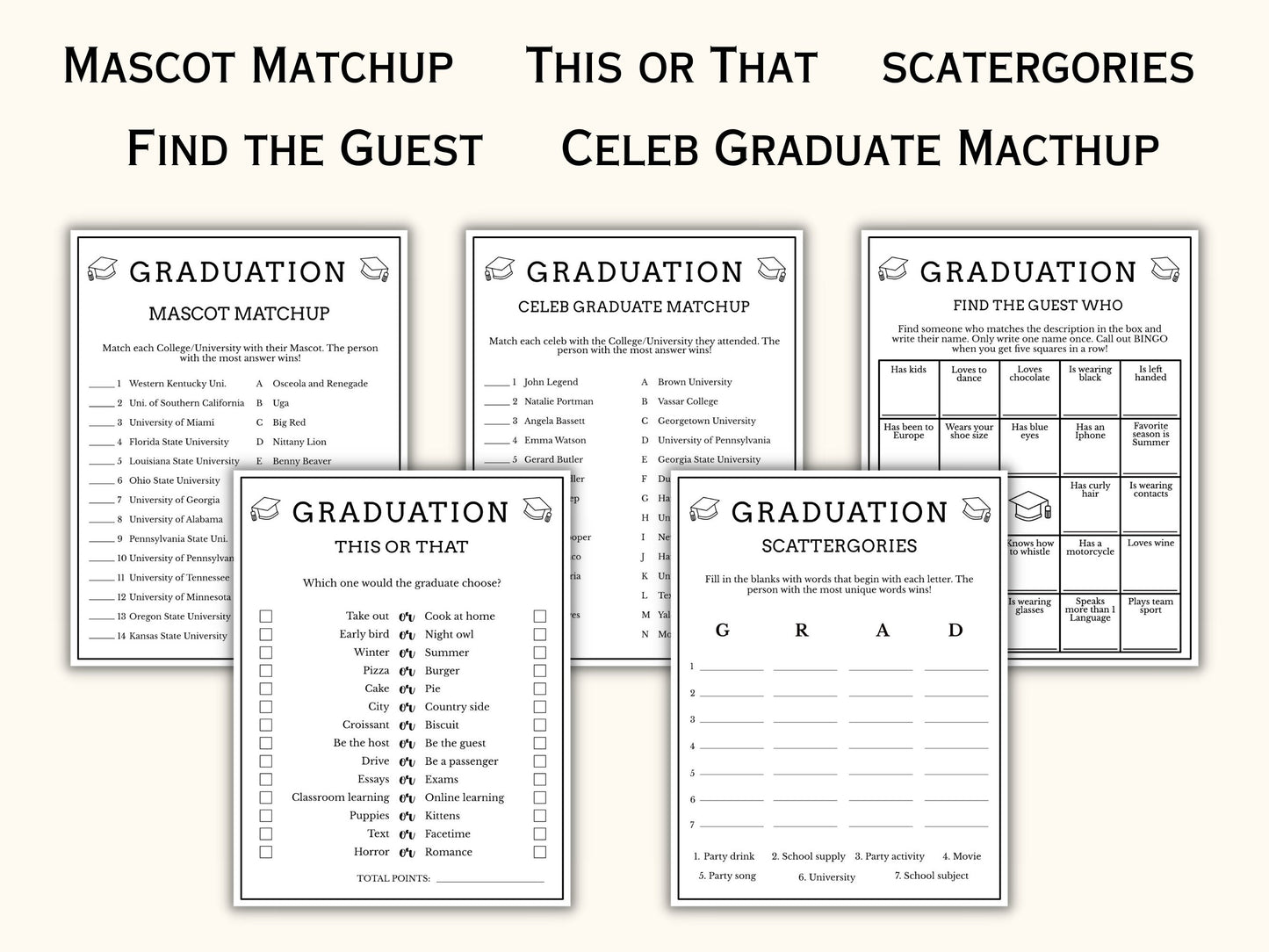 Graduation Party Game Bundle - 20 Printable Games