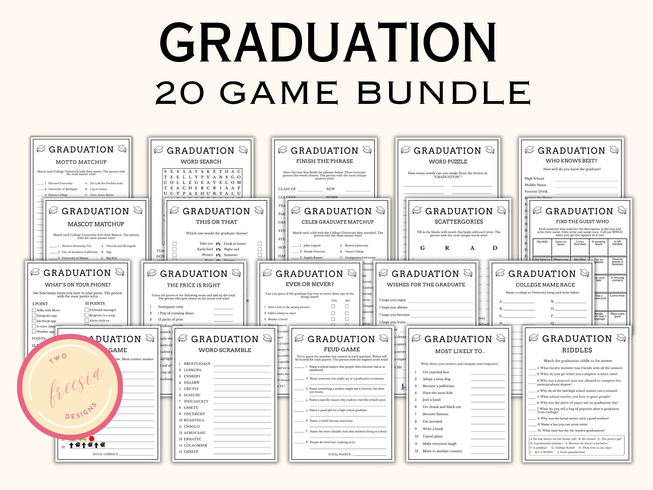 Graduation Party Game Bundle - 20 Printable Games