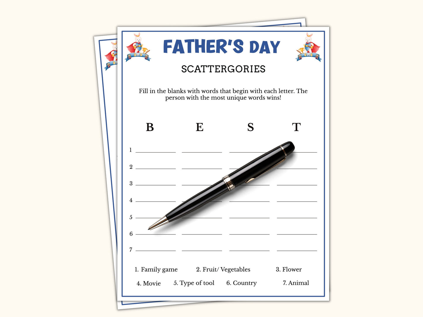 Father's day Scattergories Game