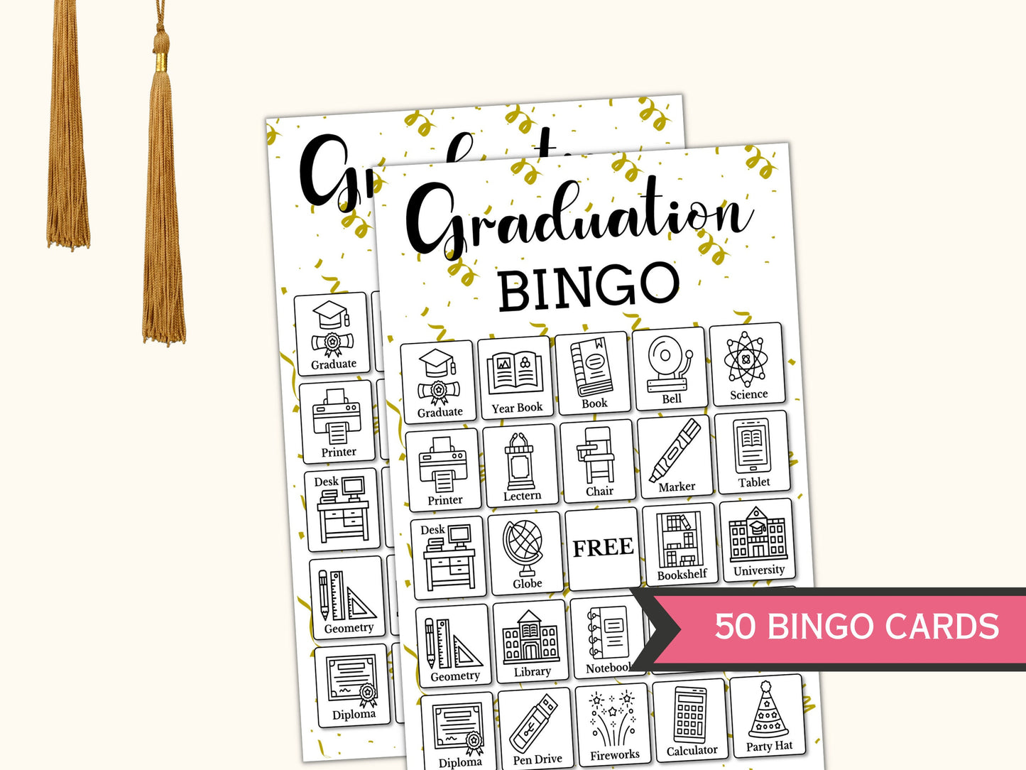 Graduation Bingo Game - 50 Unique Cards