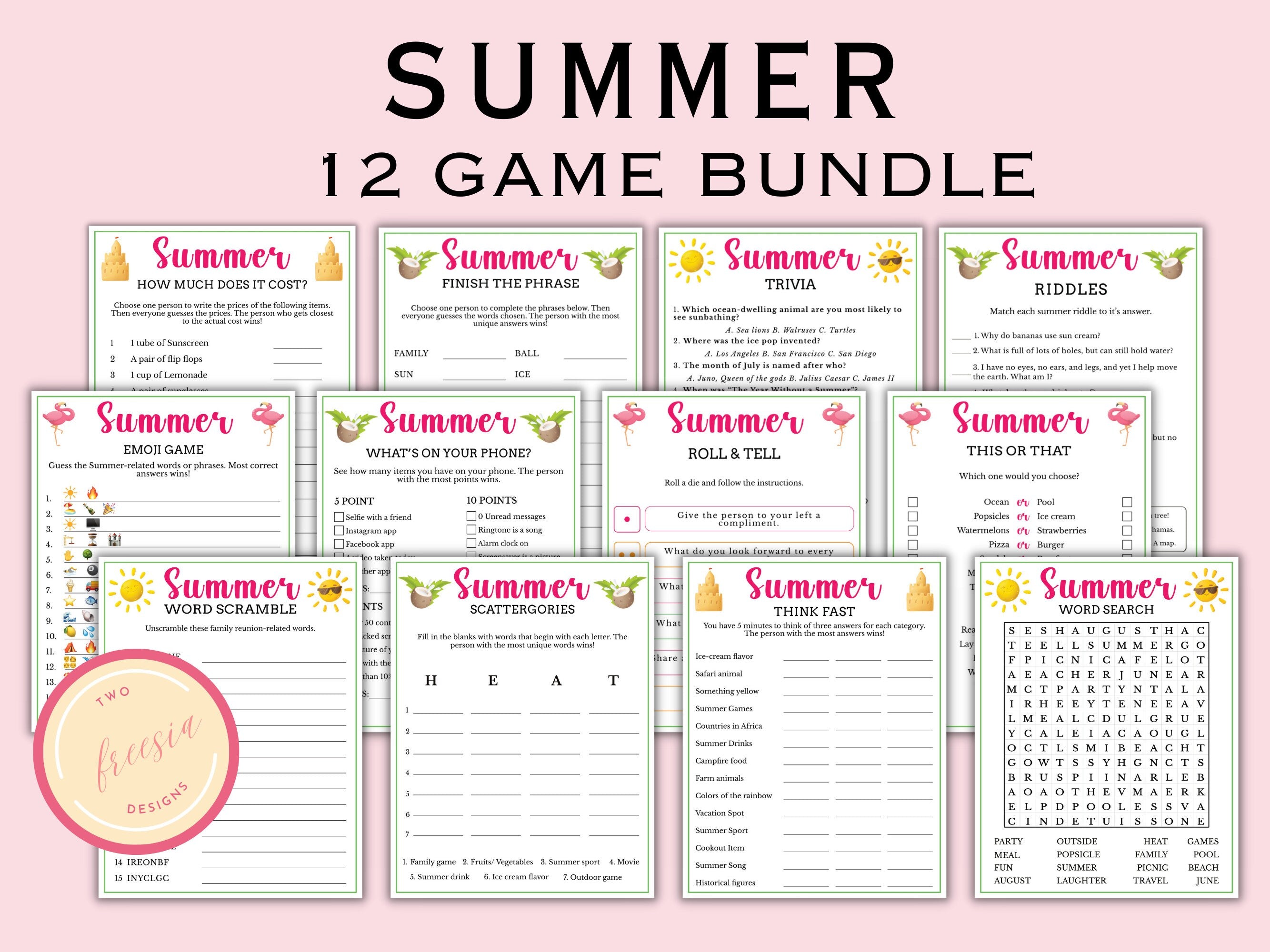 Printable Summer Game Bundle for Kids and Adult (12 Games)
