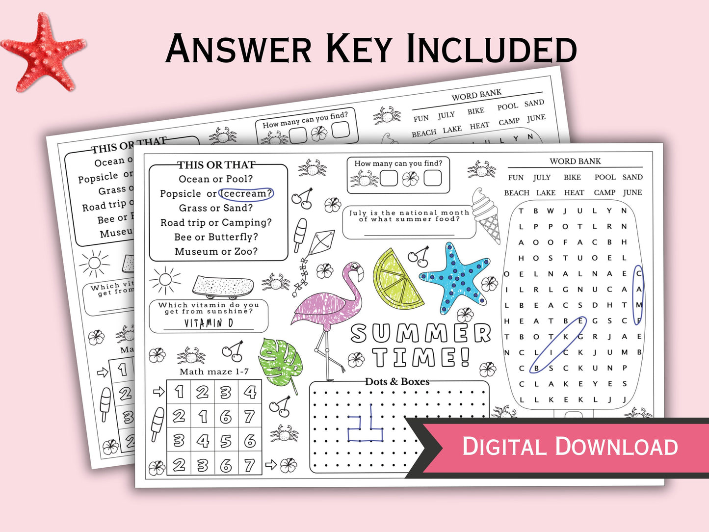 Summer Coloring and Activity Placemat - 3 Pages