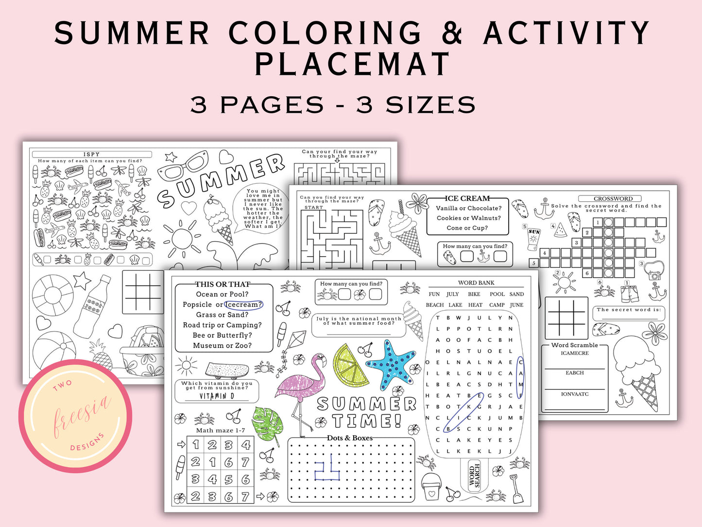 Summer Coloring and Activity Placemat - 3 Pages