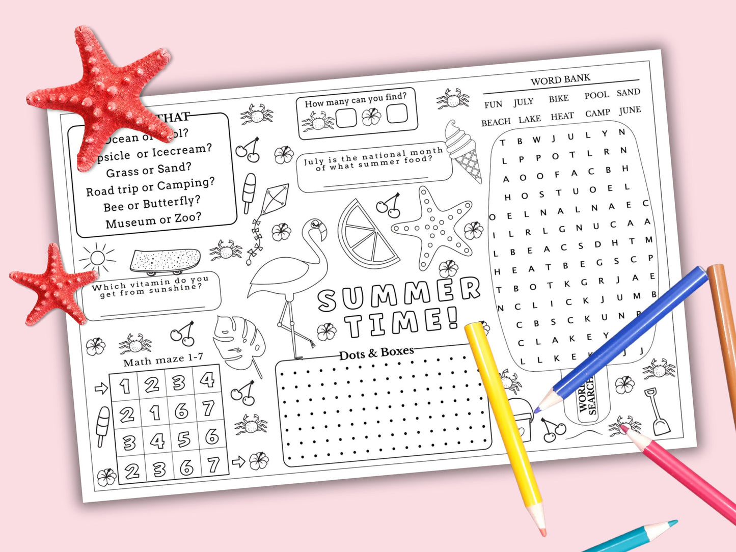 Summer Coloring and Activity Placemat - 3 Pages