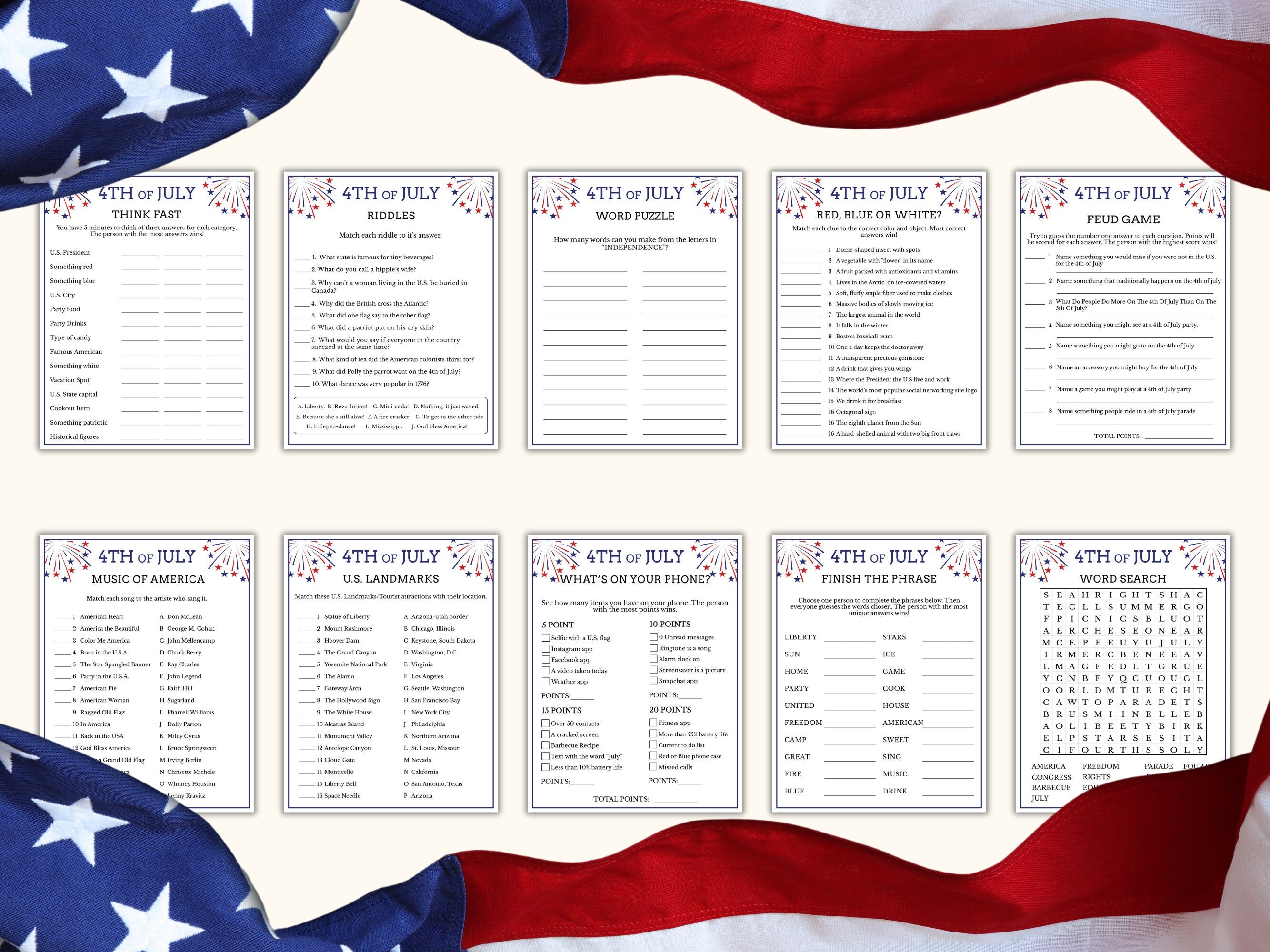 4th of July Games - 20 Printable Games
