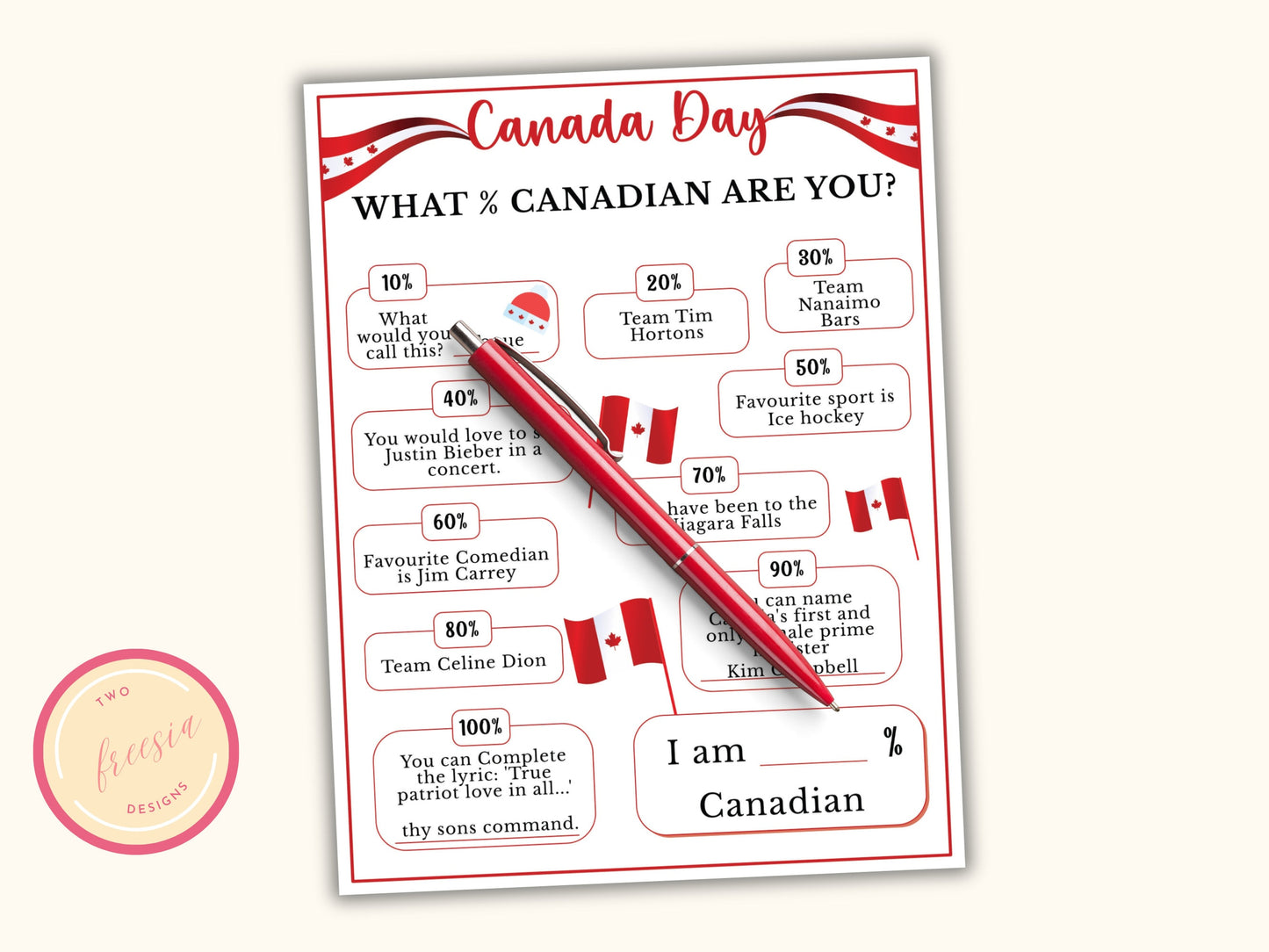 Canada Day Printable Game - What % Canadian are you Game