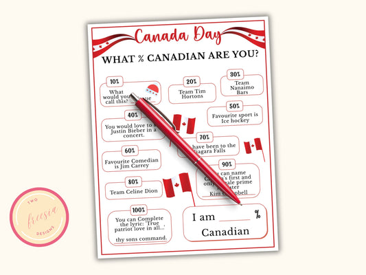 Canada Day Printable Game - What % Canadian are you Game