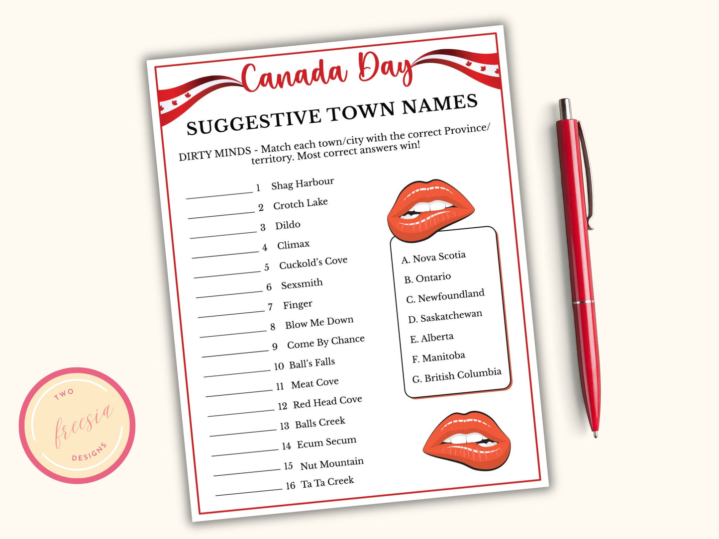 Canada Day Party Game - Suggestive Town Names