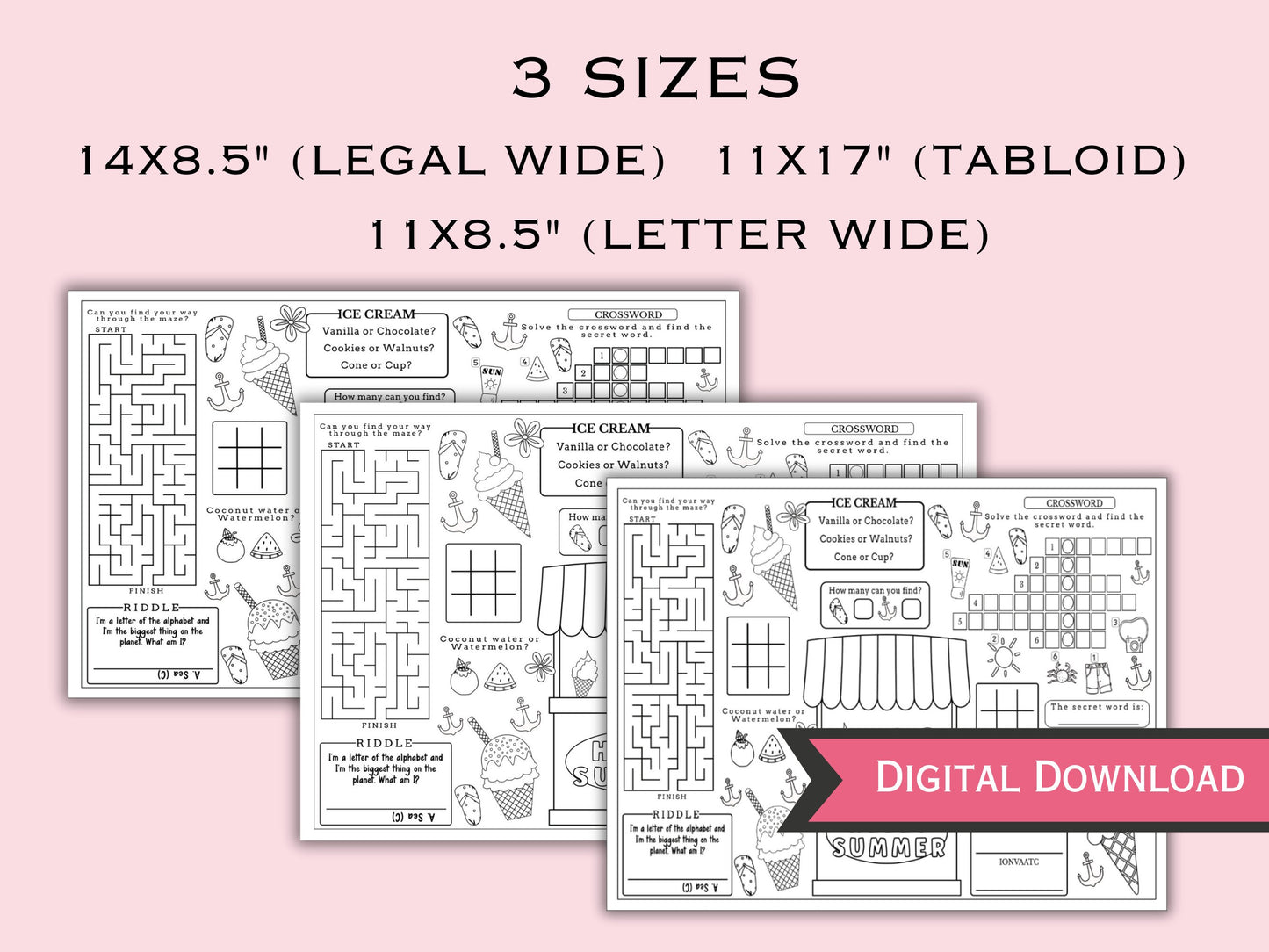 Summer Coloring and Activity Placemat - 3 Pages