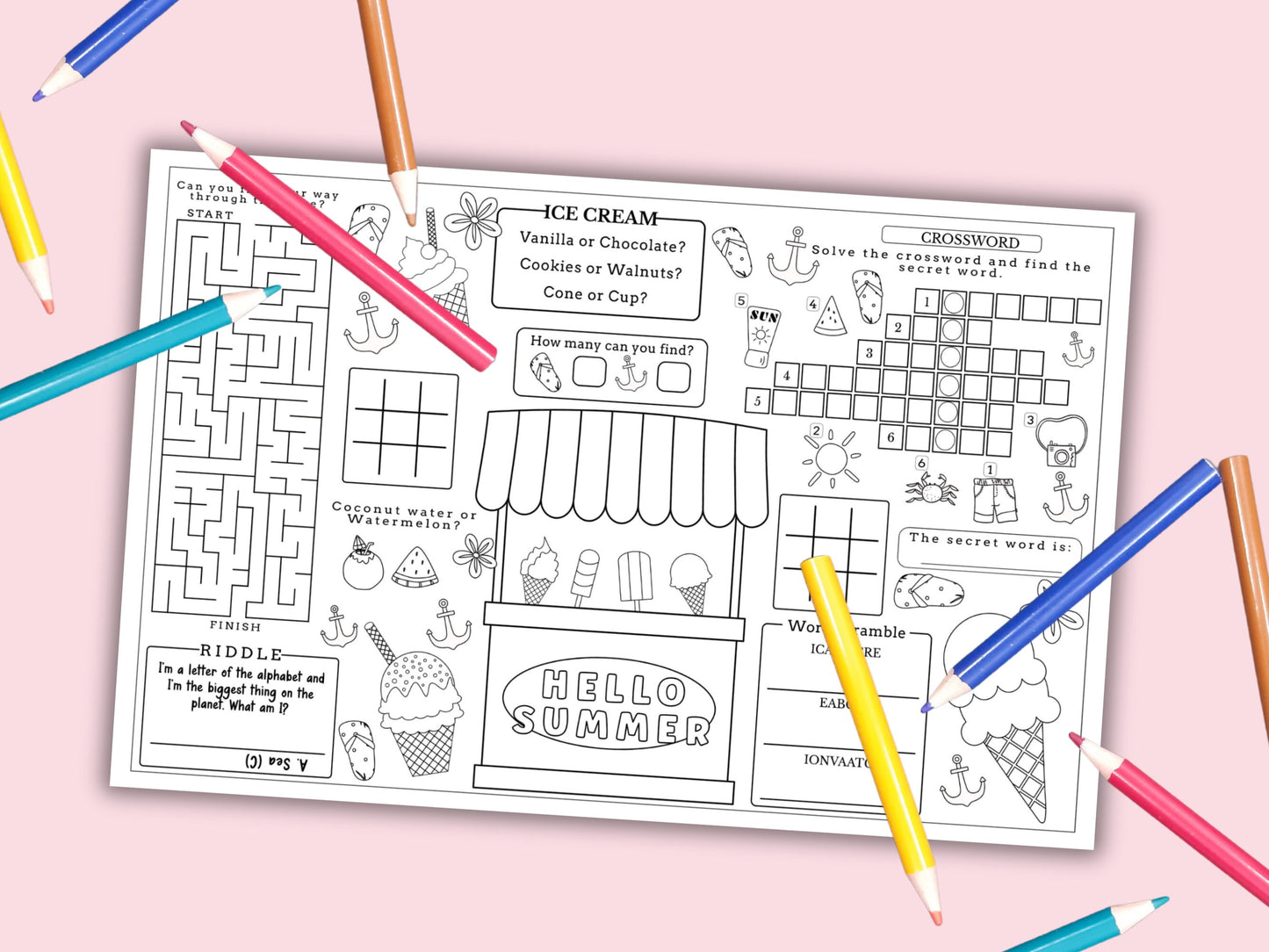 Summer Coloring and Activity Placemat - 3 Pages