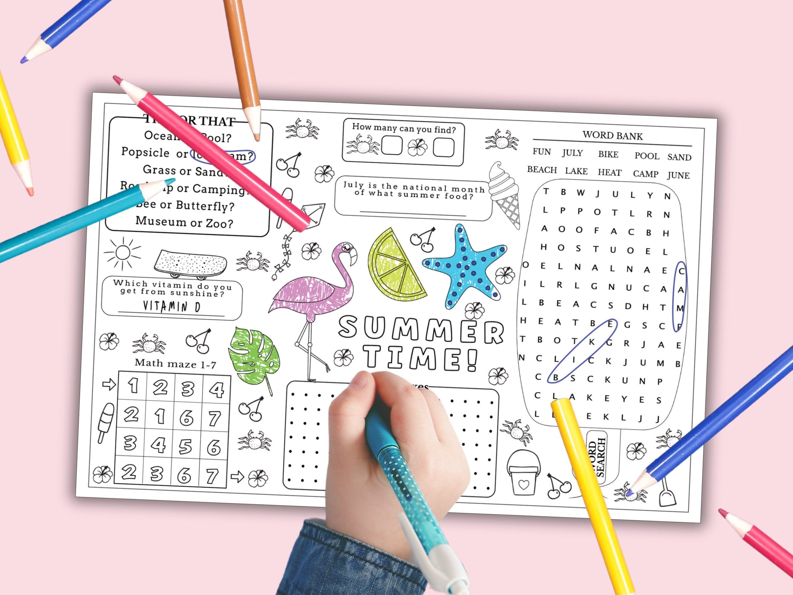 Summer Coloring and Activity Placemat - 3 Pages