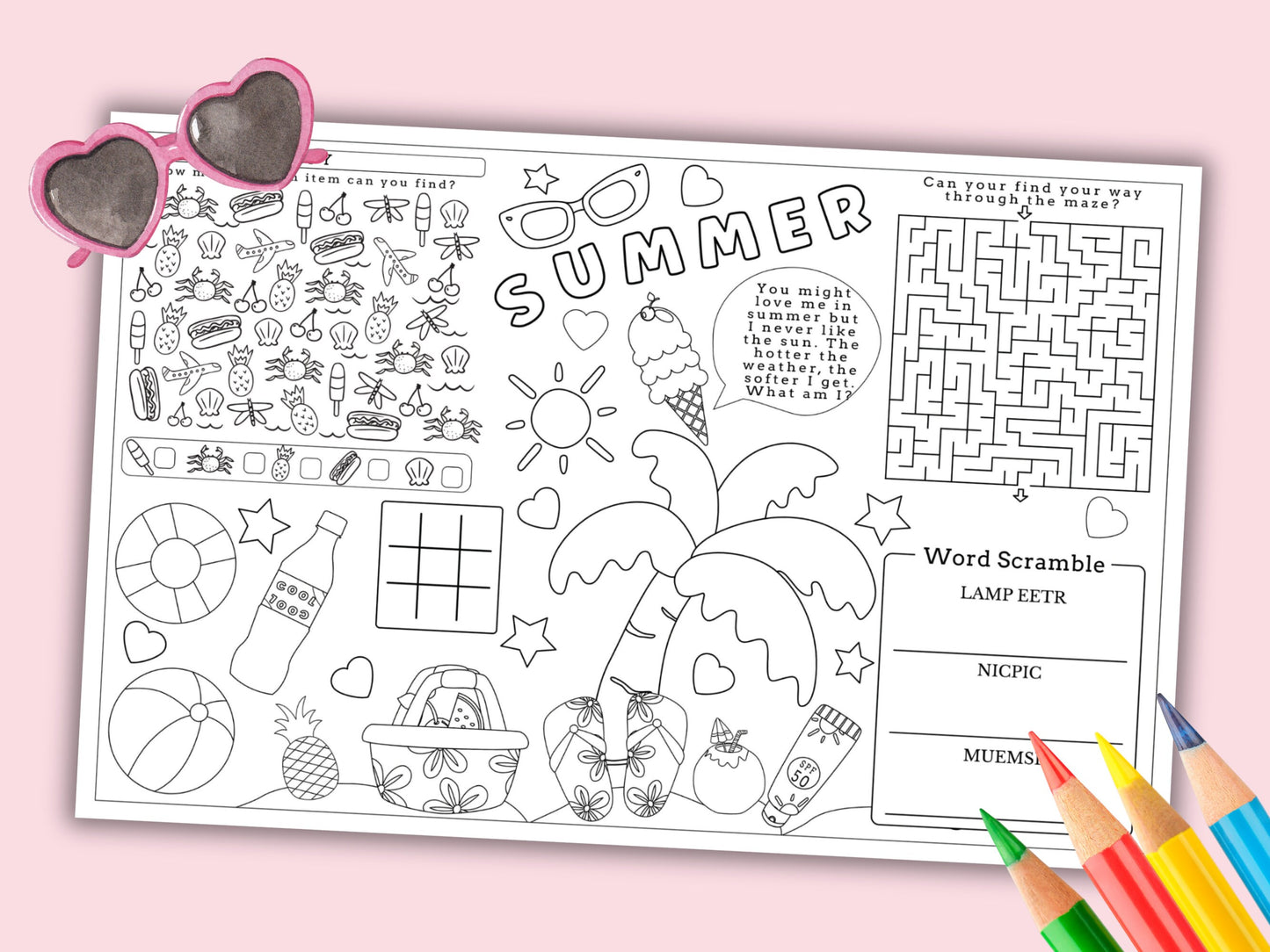 Summer Coloring and Activity Placemat - 3 Pages