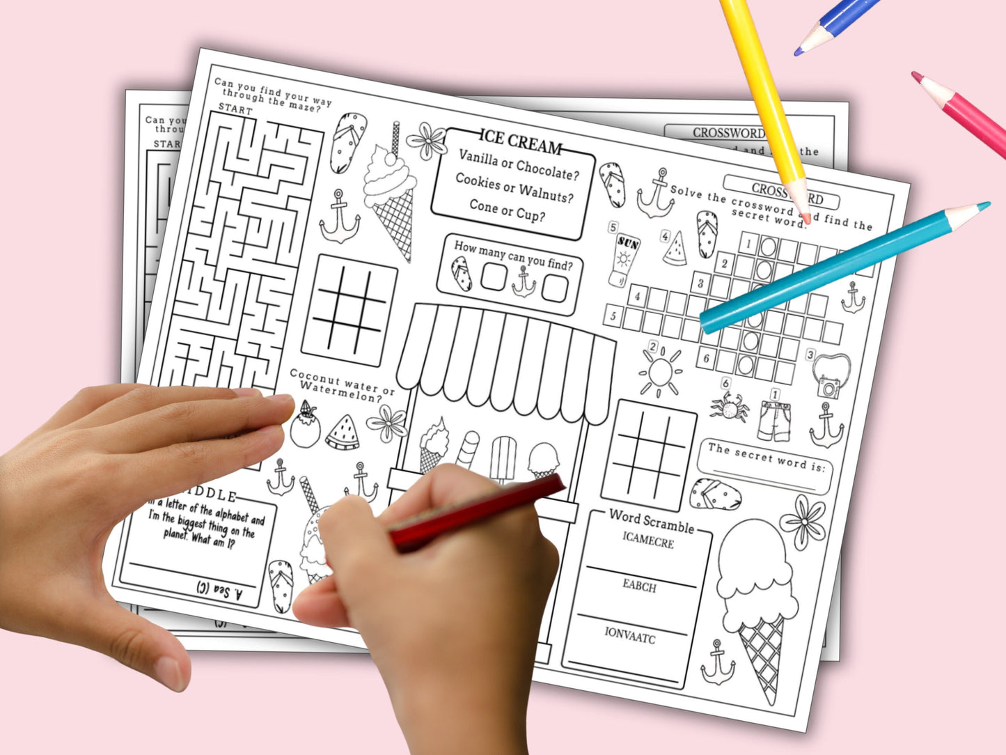 Summer Coloring and Activity Placemat - 3 Pages