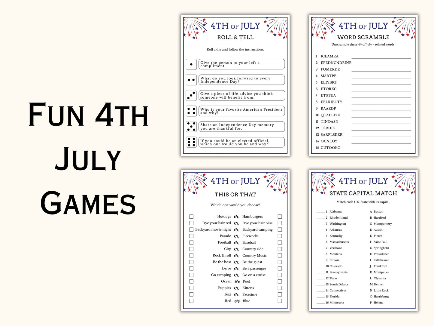 4th of July Games - 20 Printable Games