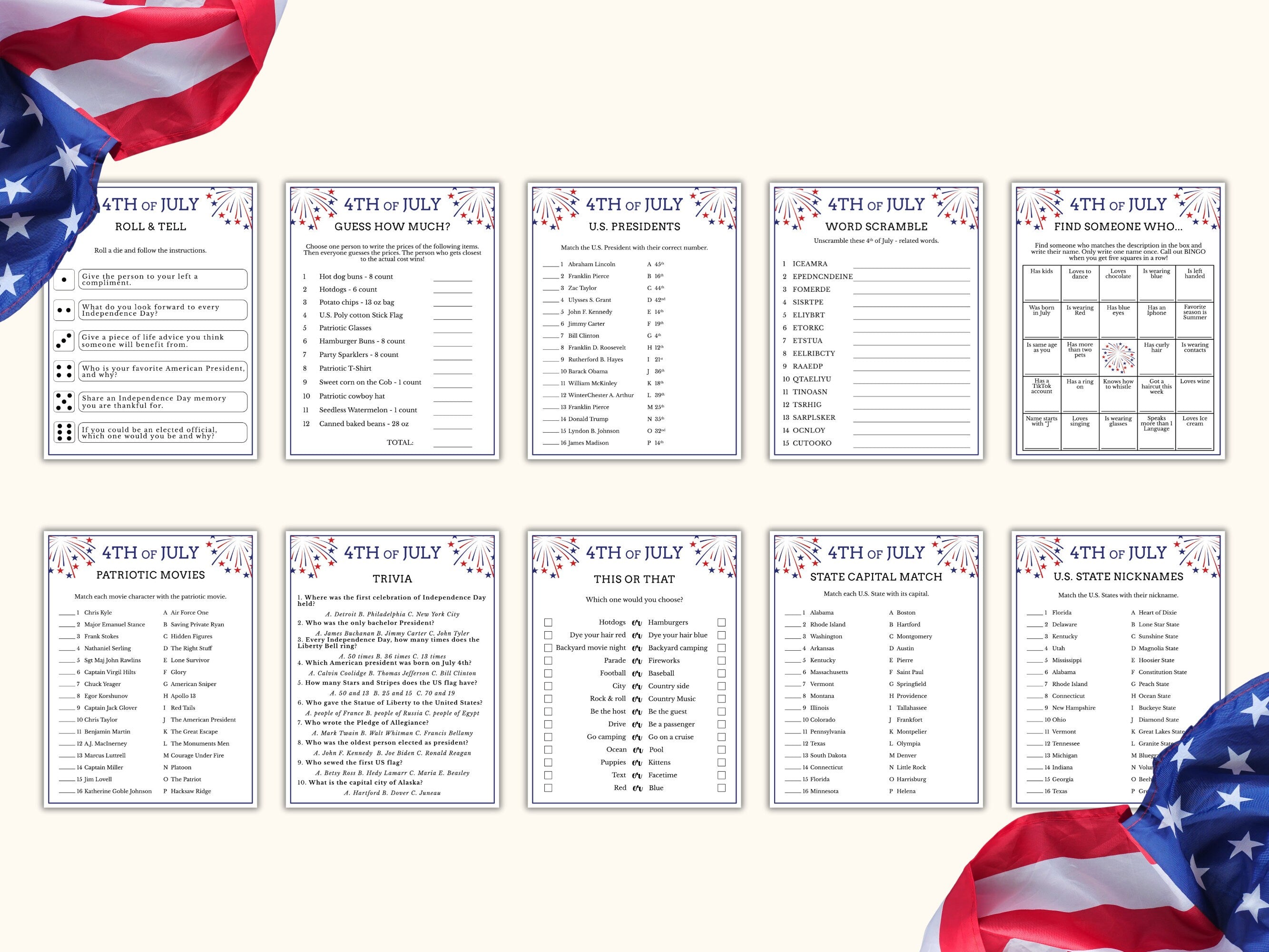 4th of July Games - 20 Printable Games