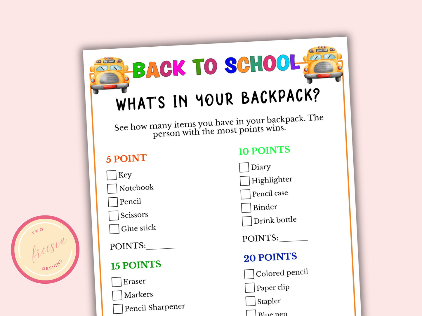 What's in your Backpack - Printable Back to School Game