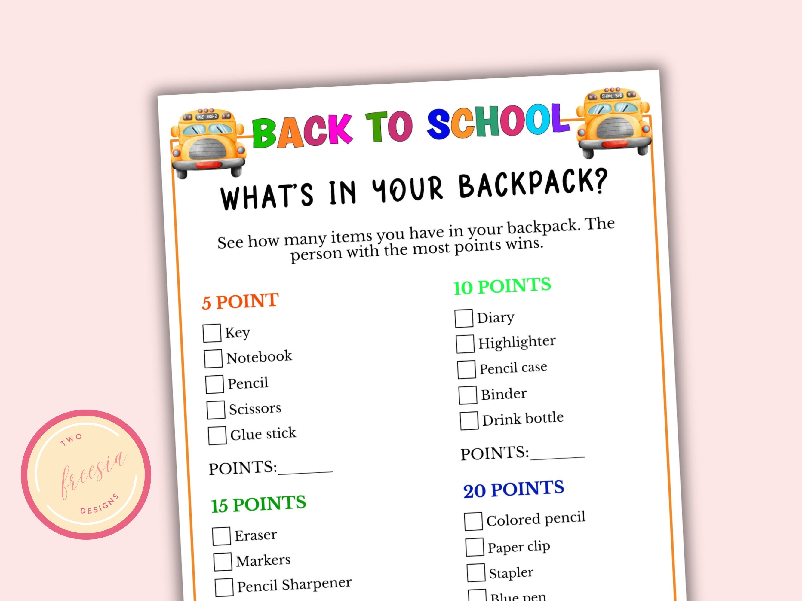 What's in your Backpack - Printable Back to School Game
