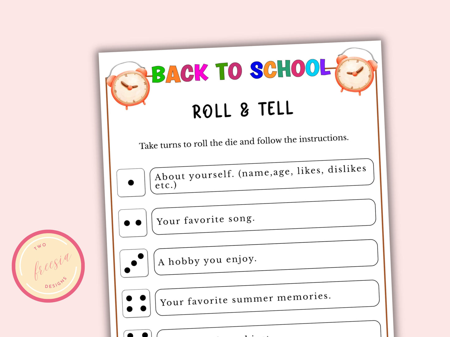 Back to School Roll and Tell Dice Game