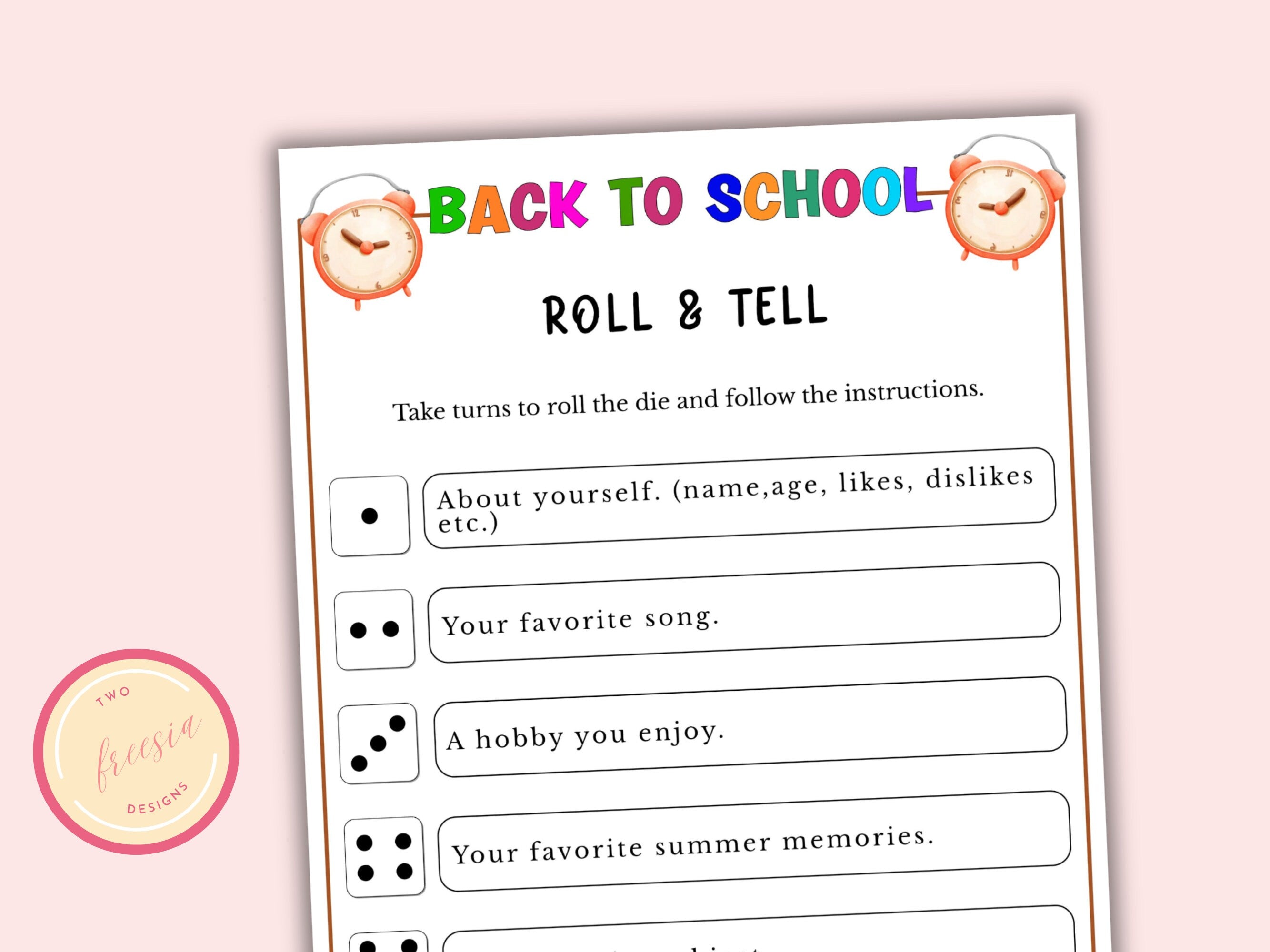 Back to School Roll and Tell Dice Game