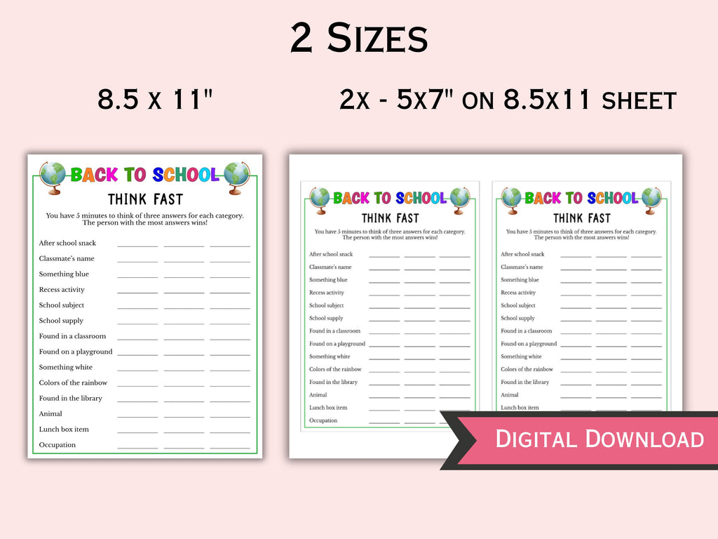 Back to School Think Fast Game