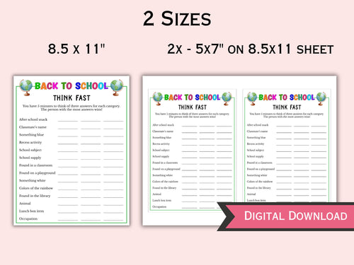 Back to School Think Fast Game