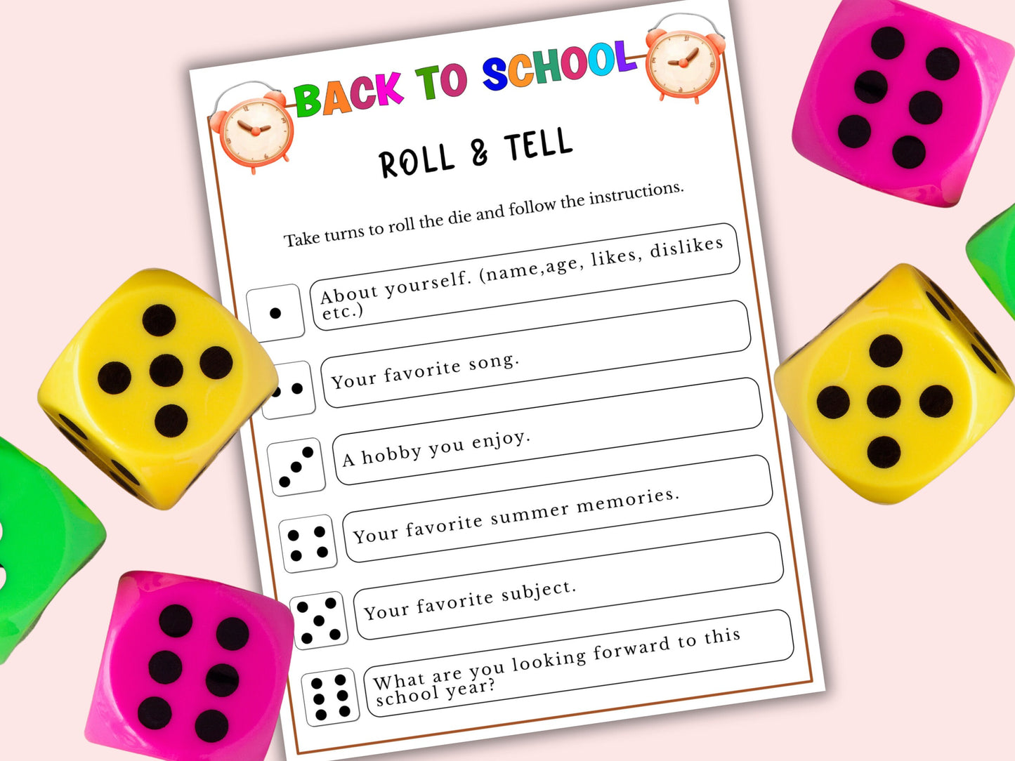 Back to School Roll and Tell Dice Game