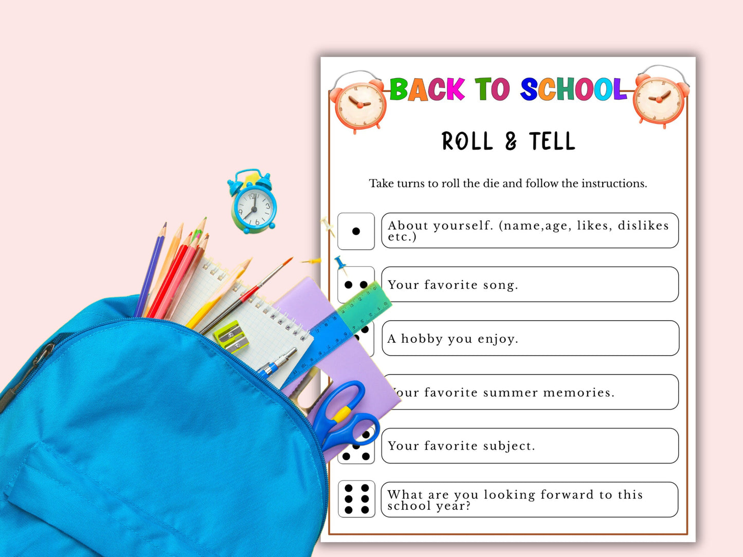 Back to School Roll and Tell Dice Game