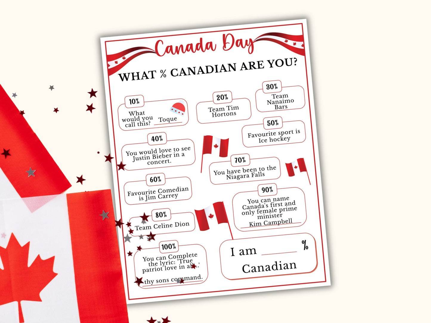 Canada Day Printable Game - What % Canadian are you Game