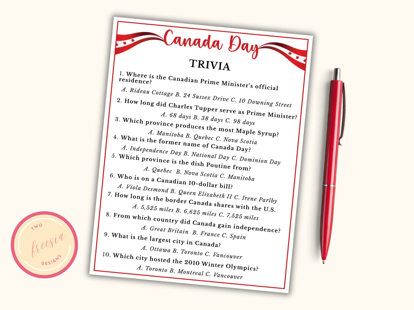 Canada Day Trivia Game
