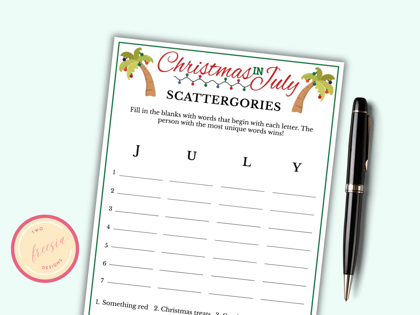 Christmas in July Scattergories Game