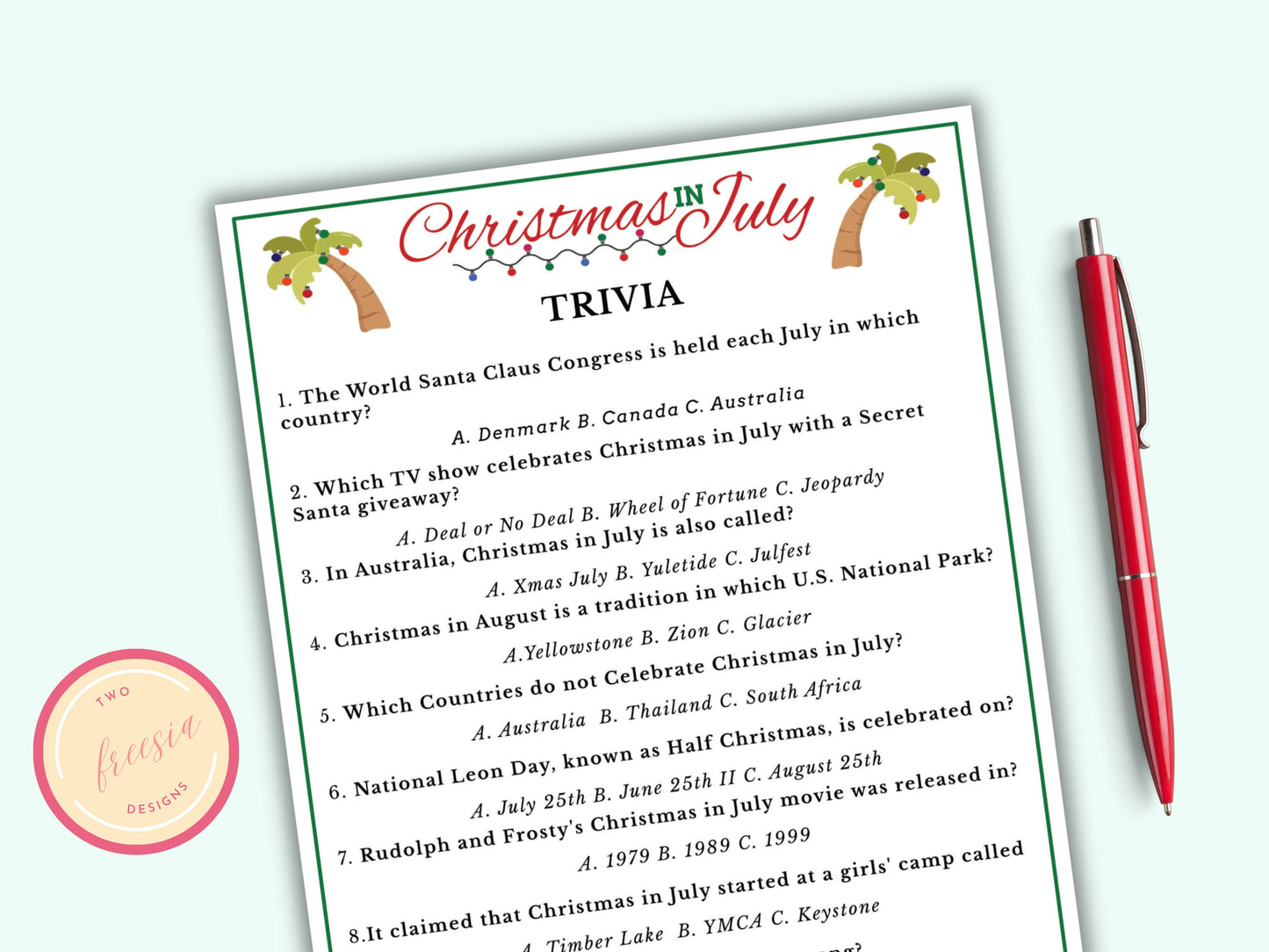 Christmas in July Trivia Game