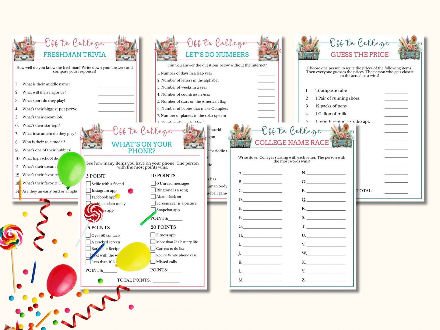 College Trunk Party Games - 10 Printable Games