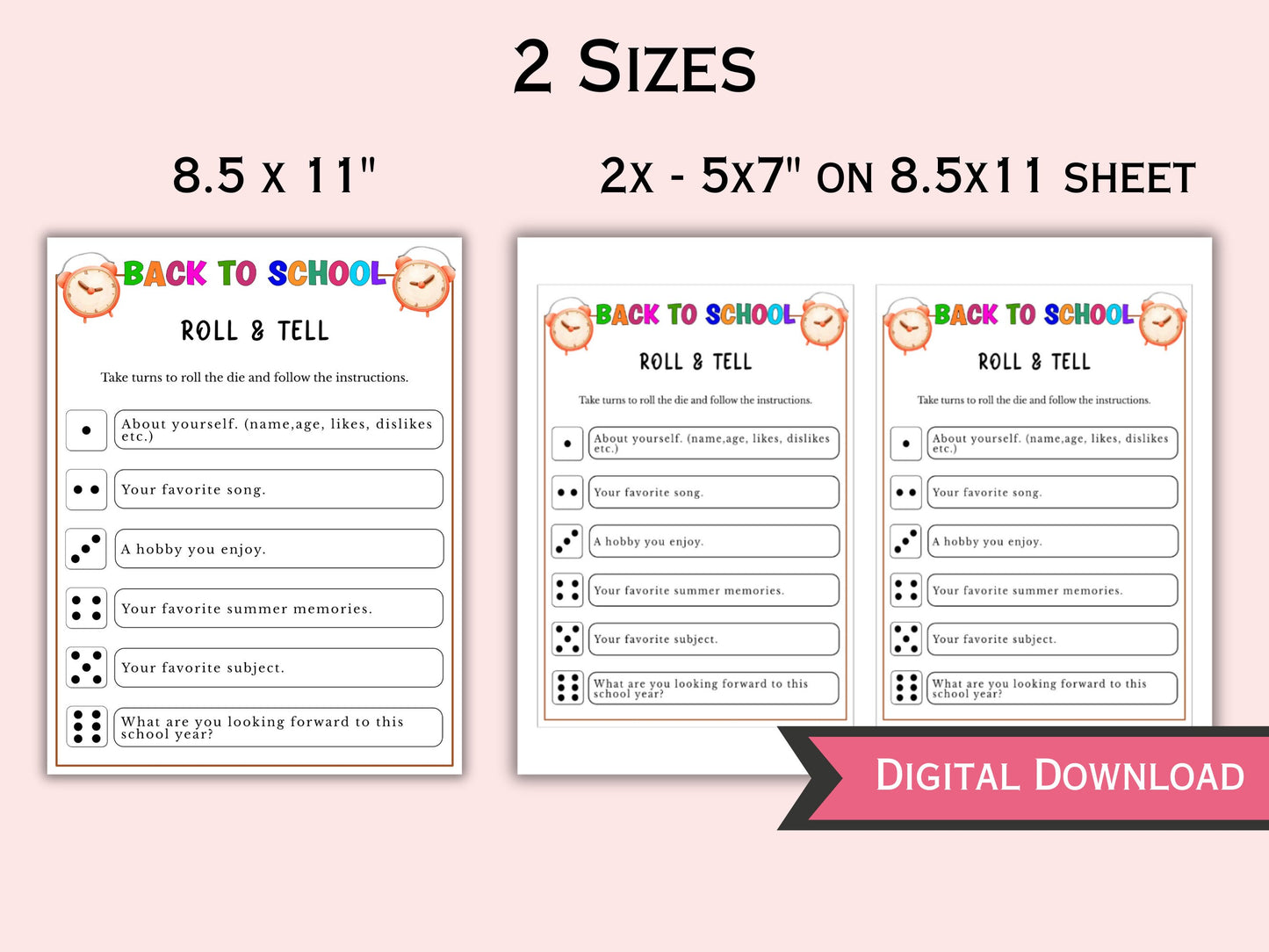 Back to School Roll and Tell Dice Game