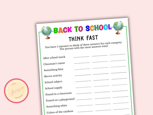 Back to School Think Fast Game