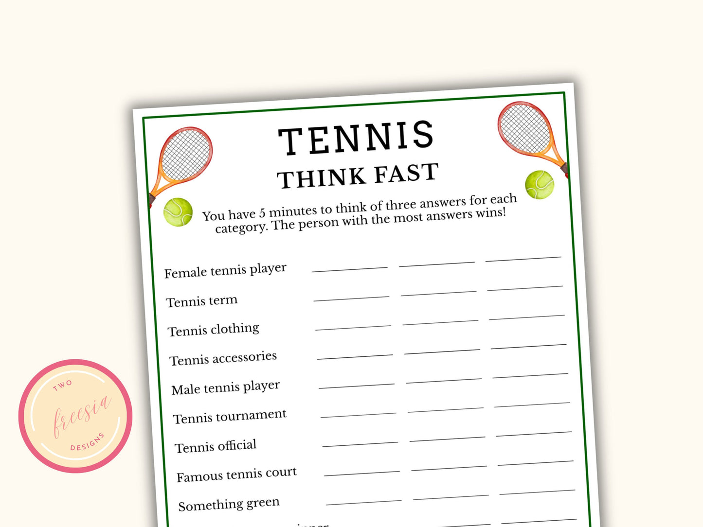 Tennis Think Fast Game