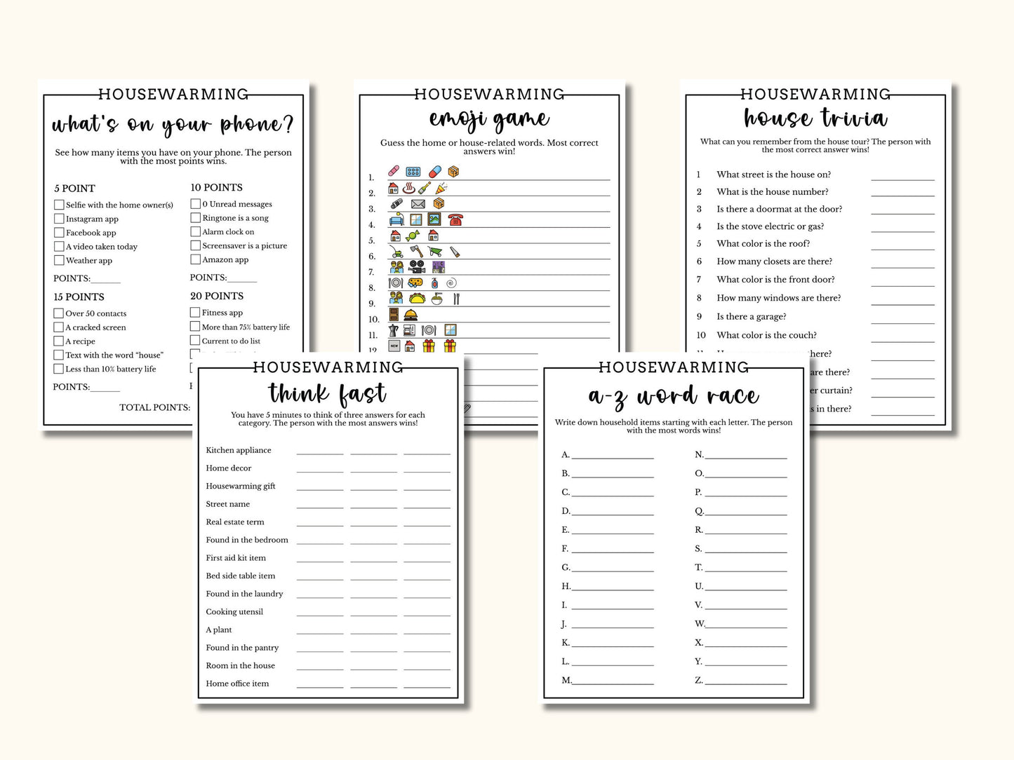 15 Printable Housewarming Game Bundle