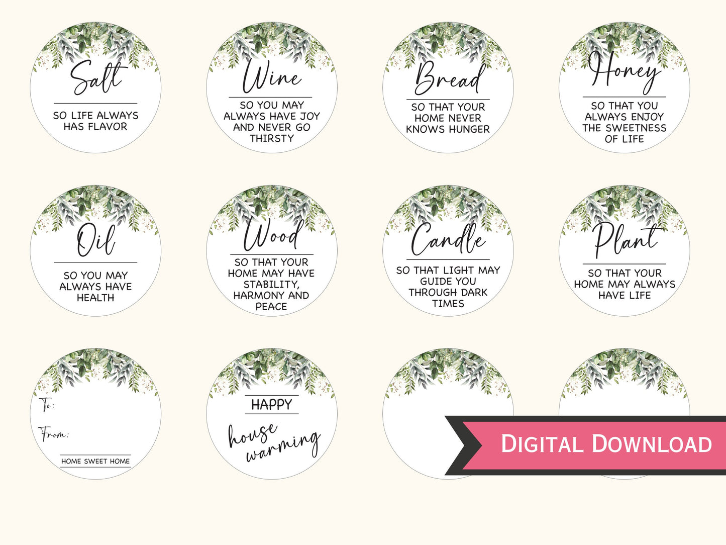 Printable Greenery New Home Tags and Cards