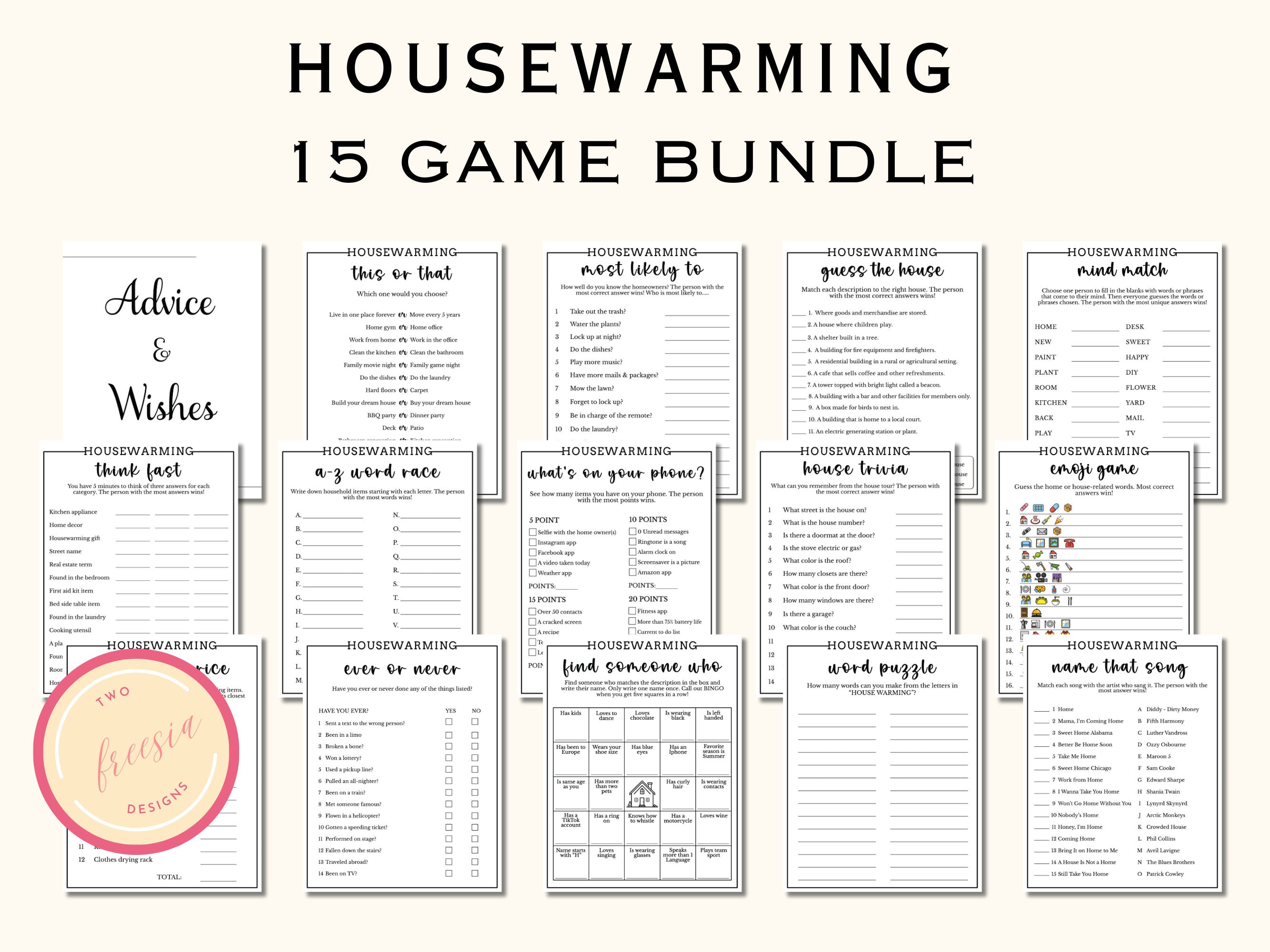 15 Printable Housewarming Game Bundle