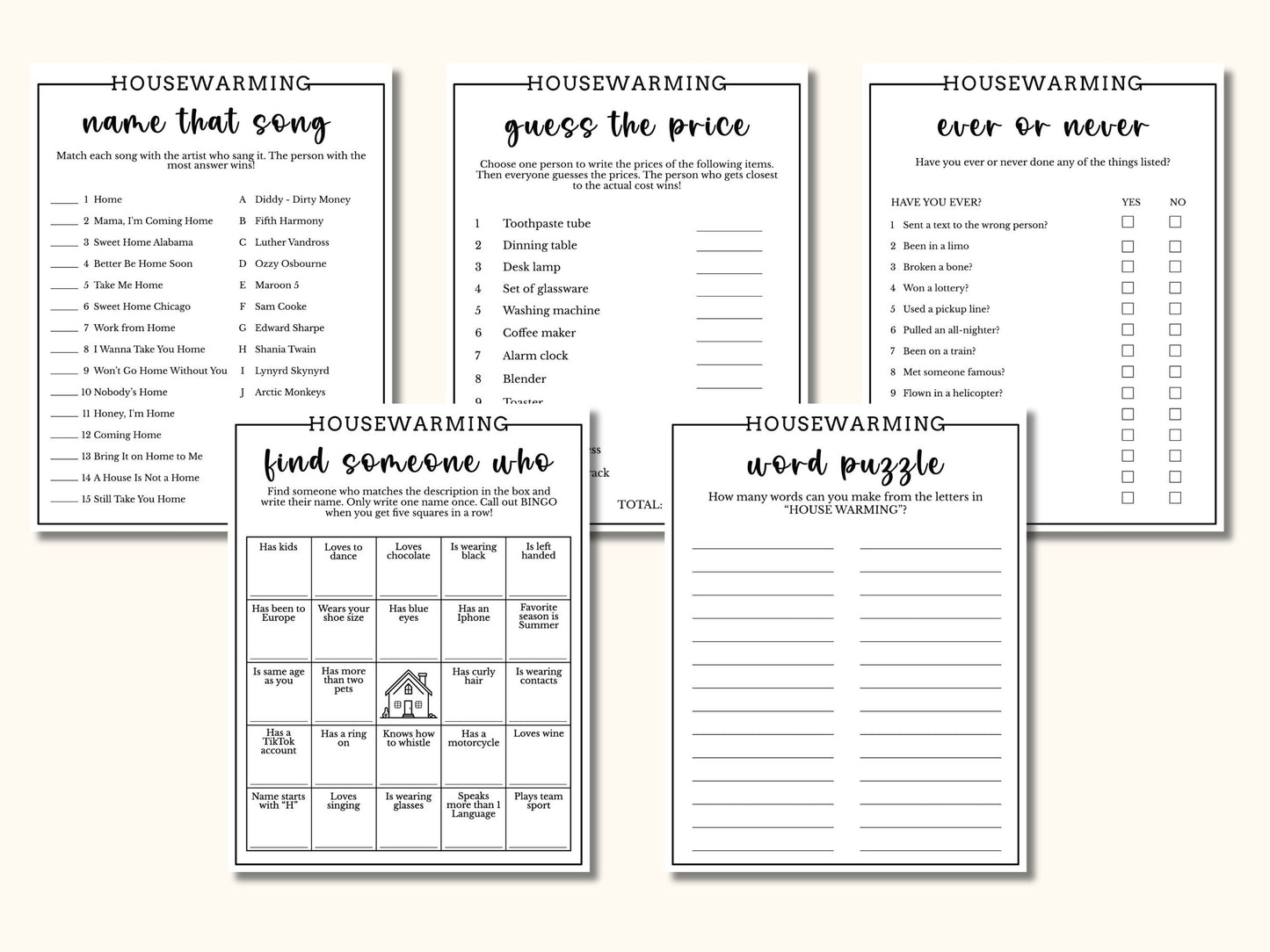 15 Printable Housewarming Game Bundle