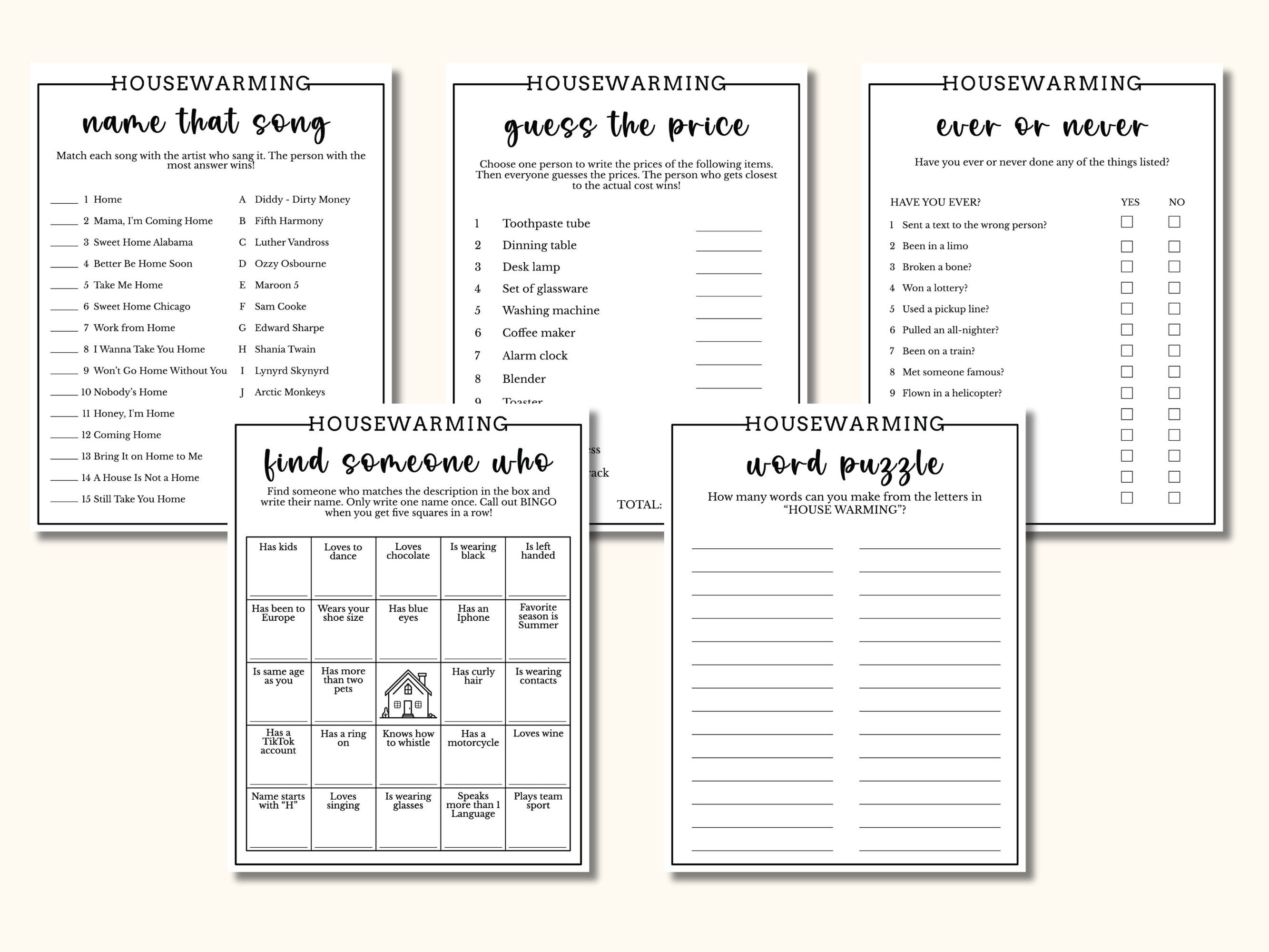 15 Printable Housewarming Game Bundle