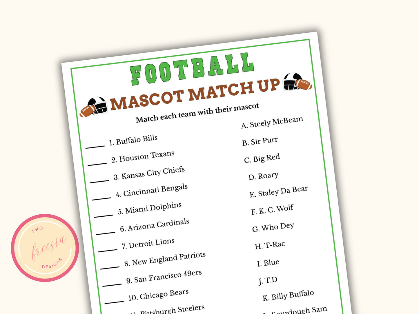 Football Mascot Match up Game