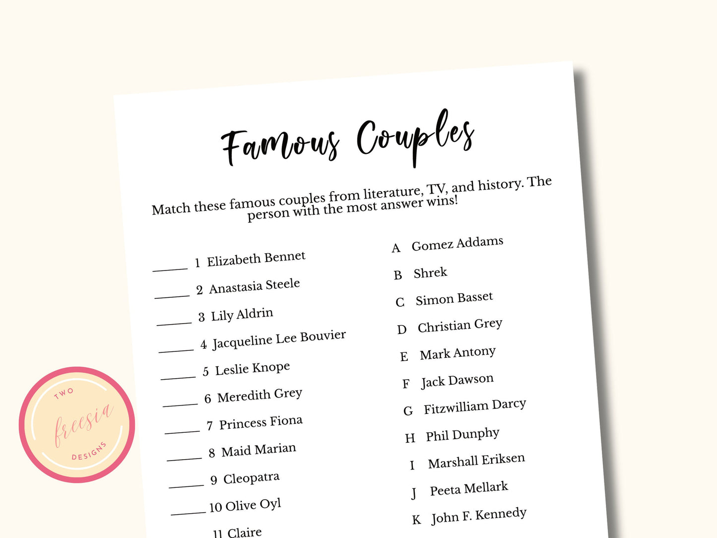 Famous Couple Match - Bridal Shower Game