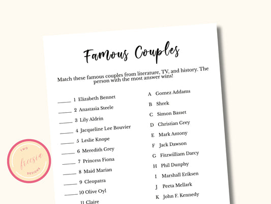 Famous Couple Match - Bridal Shower Game