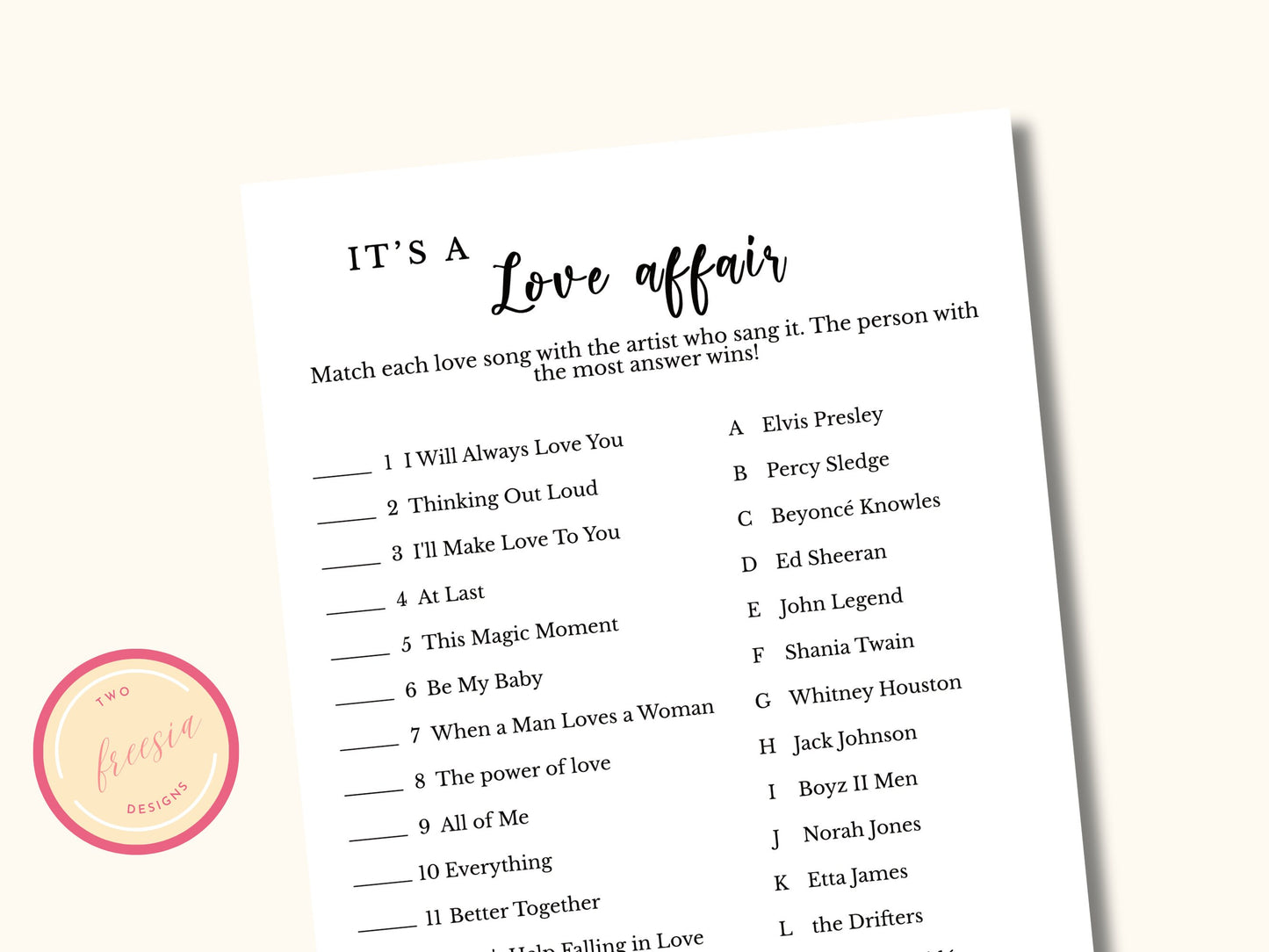 Love Song Trivia - Couples Shower Party Game