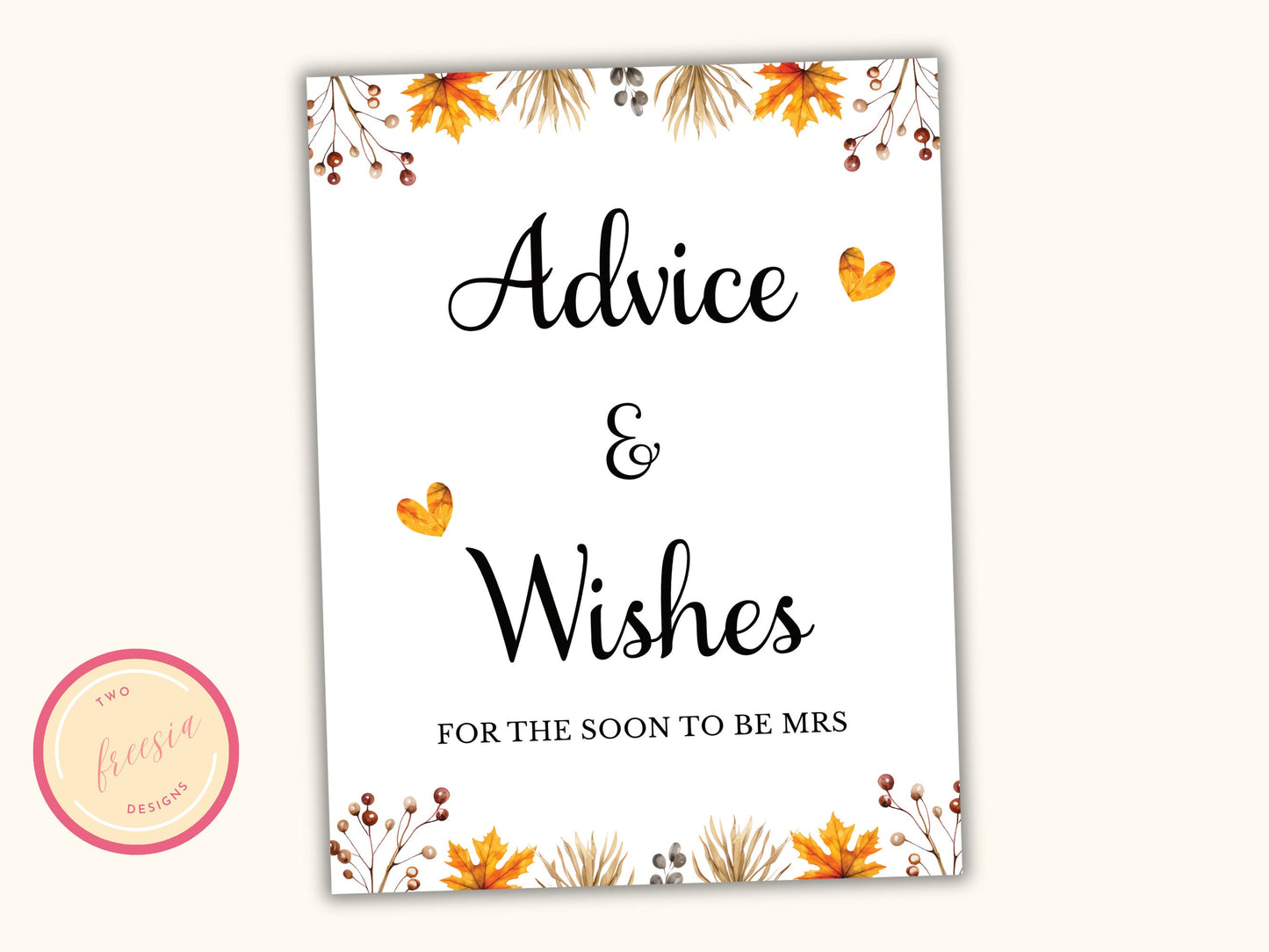 Advice and Wishes Cards & Sign - Printable Fall Bridal Party Game