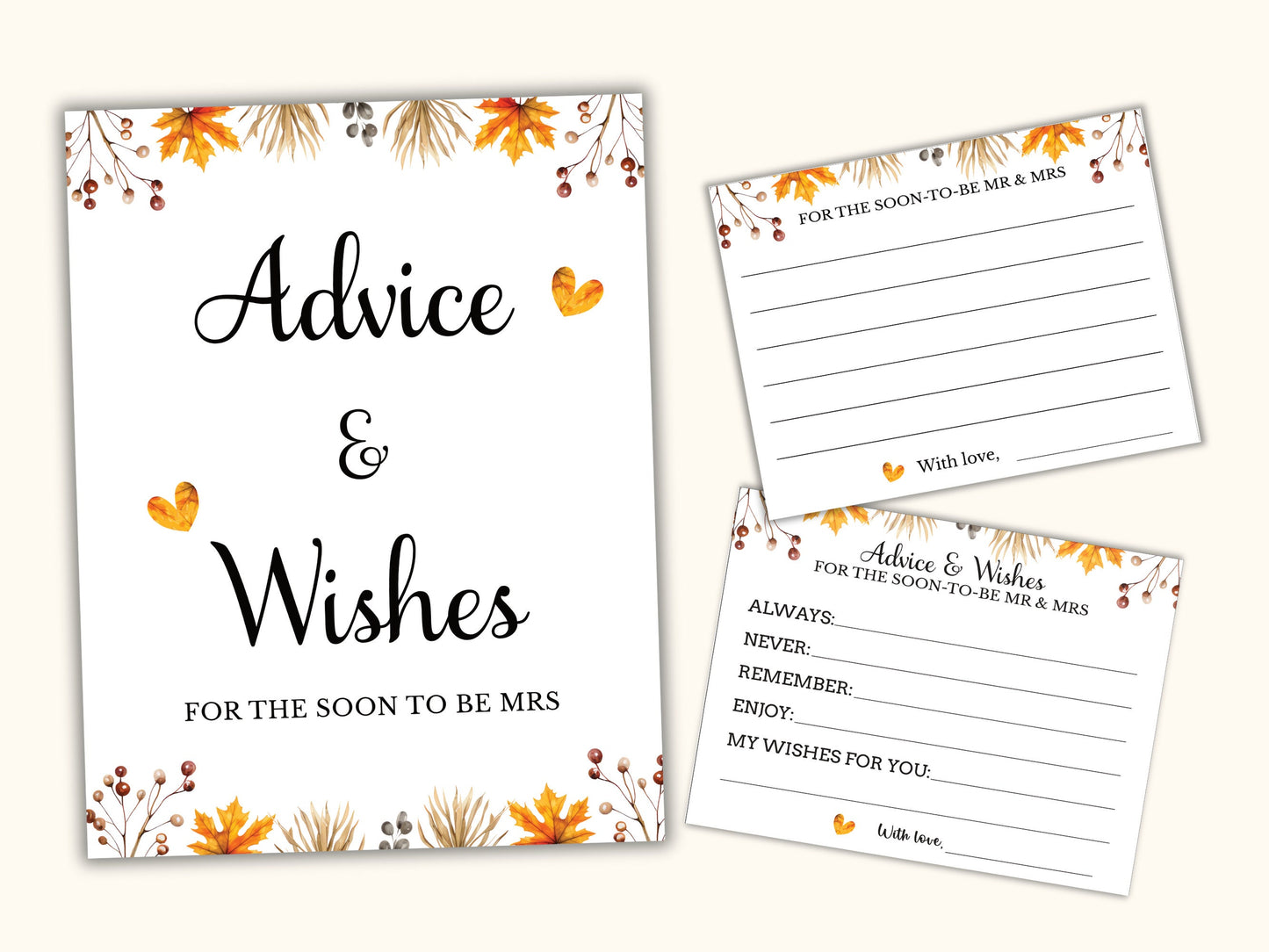 Advice and Wishes Cards & Sign - Printable Fall Bridal Party Game