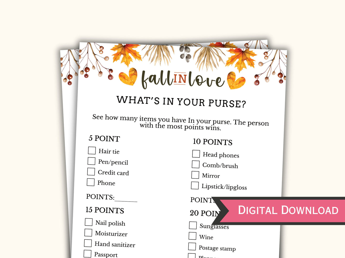 What's in your Purse Game - Fall Bridal Shower Party Game